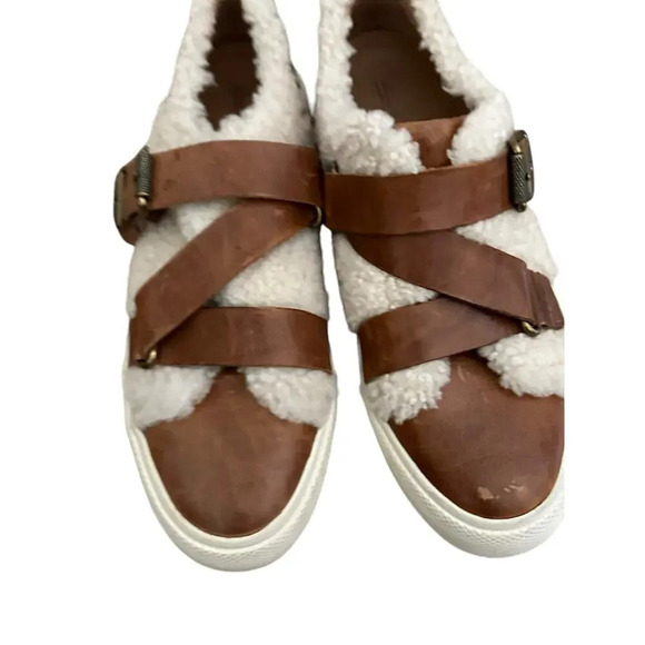 Frye Gia Moto Cognac Leather Sherpa Shearling Low Top Sneaker Shoe Size 8M - Picture 9 of 9